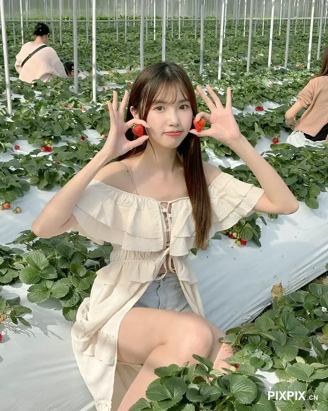 手里拿着草莓的稻草田里的女孩