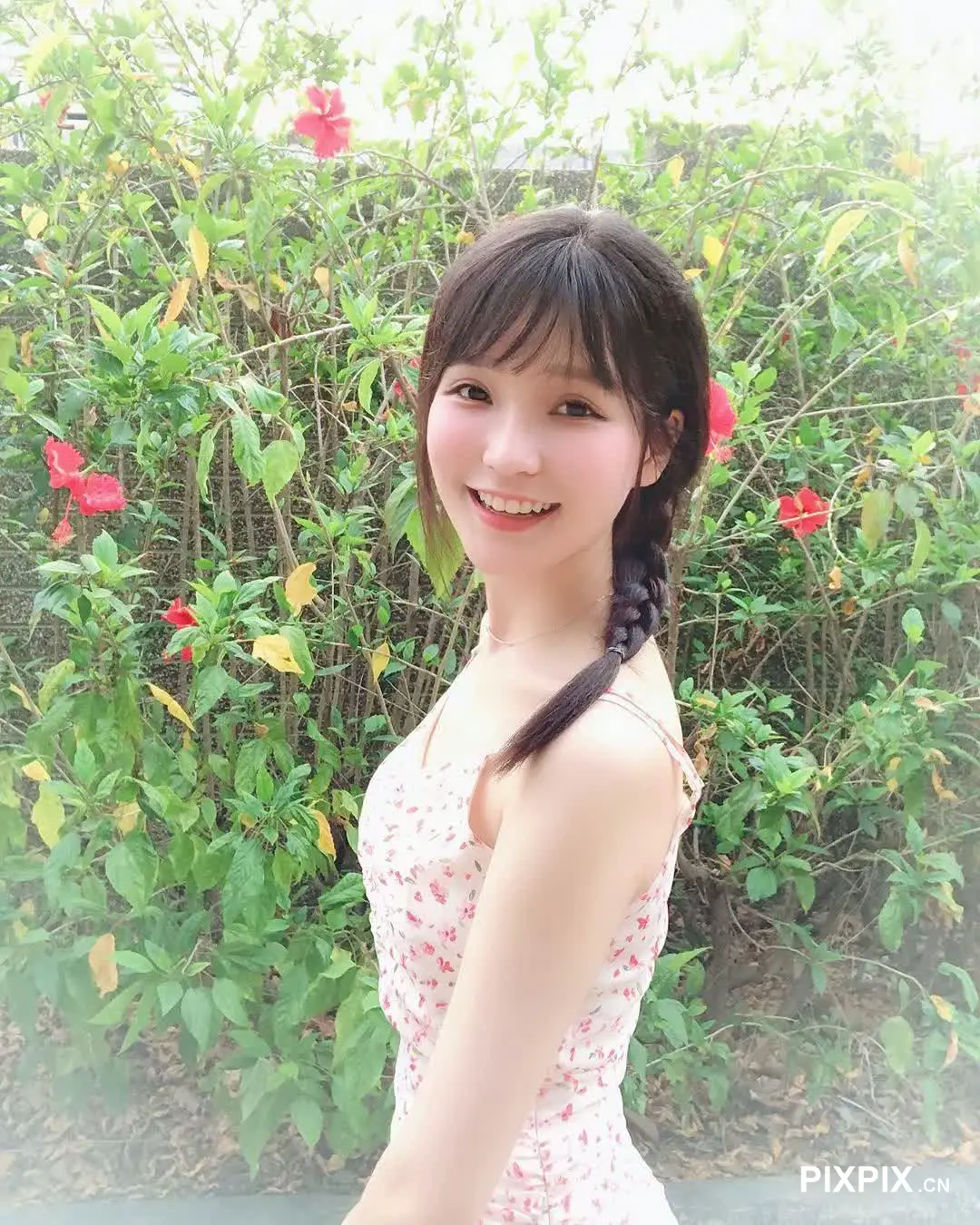 有一个女人站在灌木丛前